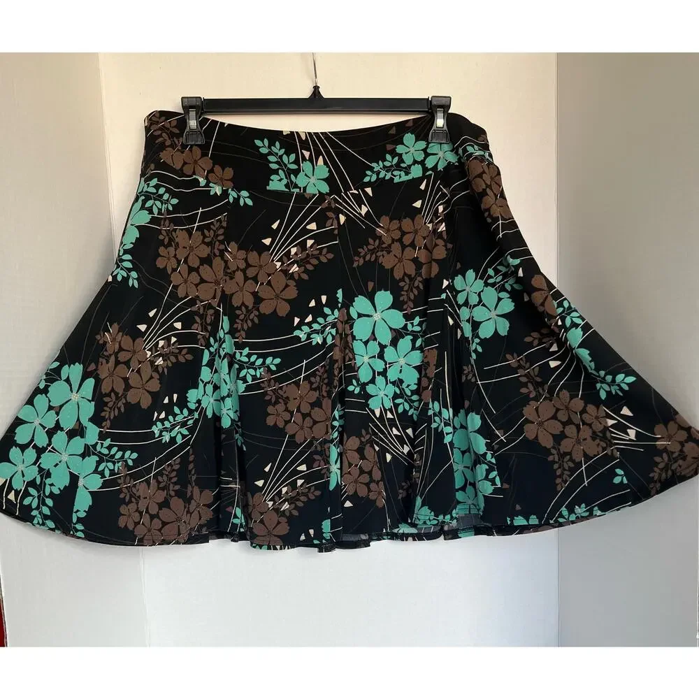 Apt 9 Black Brown Teal Floral A-Line Knee Length‎ Flare Skirt Petite PXL